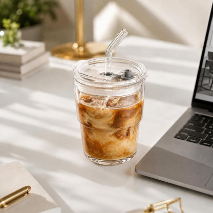 13oz Iced Coffee Cup, Glass Tumbler with Straw and Lid, Leakproof