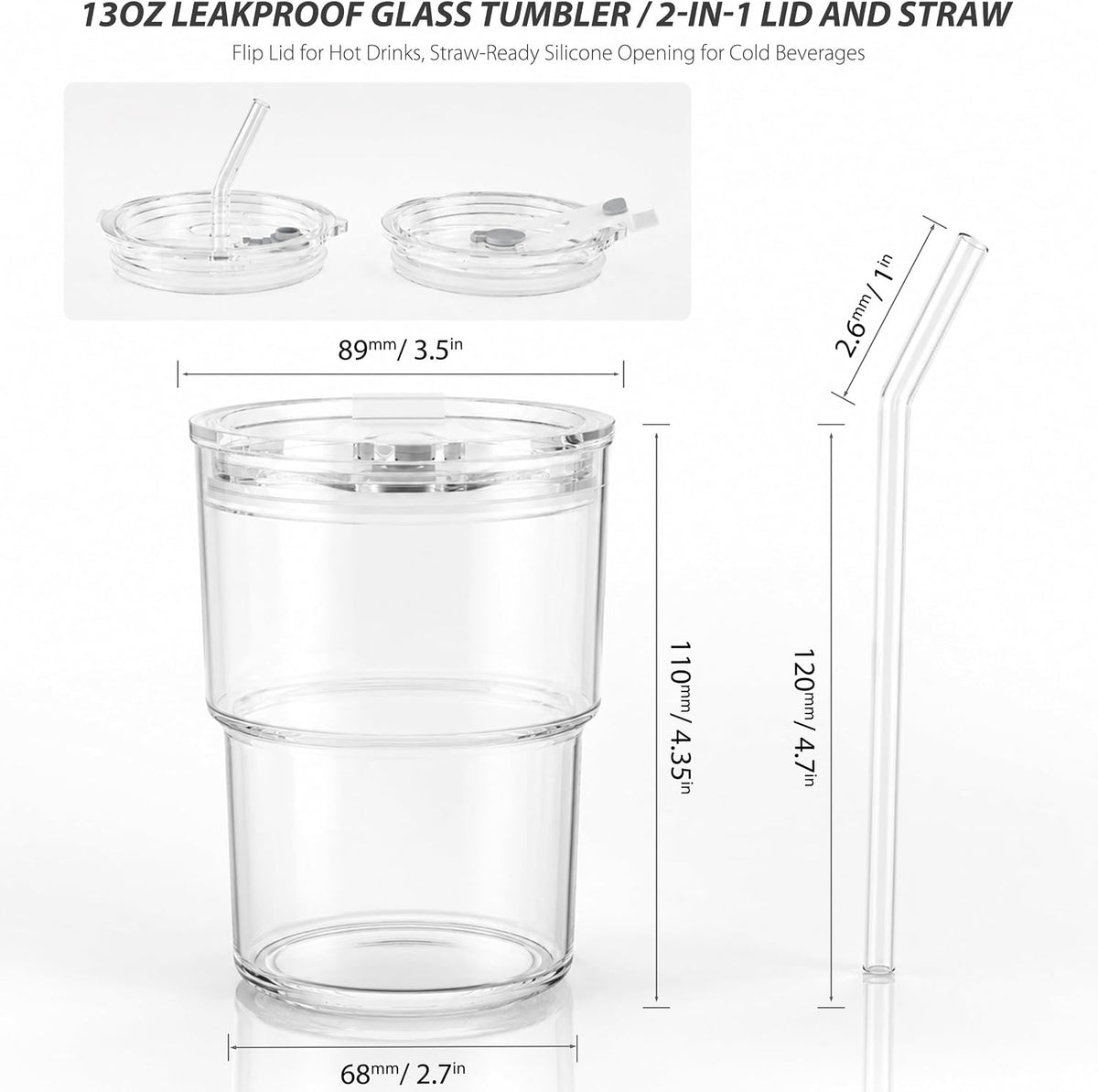 13oz Iced Coffee Cup, Glass Tumbler with Straw and Lid, Leakproof
