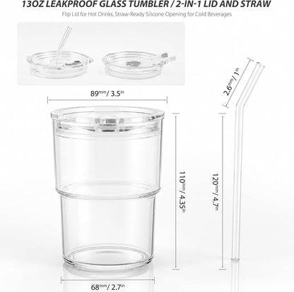 13oz Iced Coffee Cup, Glass Tumbler with Straw and Lid, Leakproof