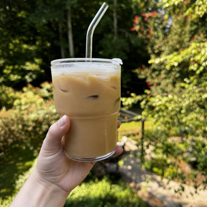 13oz Iced Coffee Cup, Glass Tumbler with Straw and Lid, Leakproof