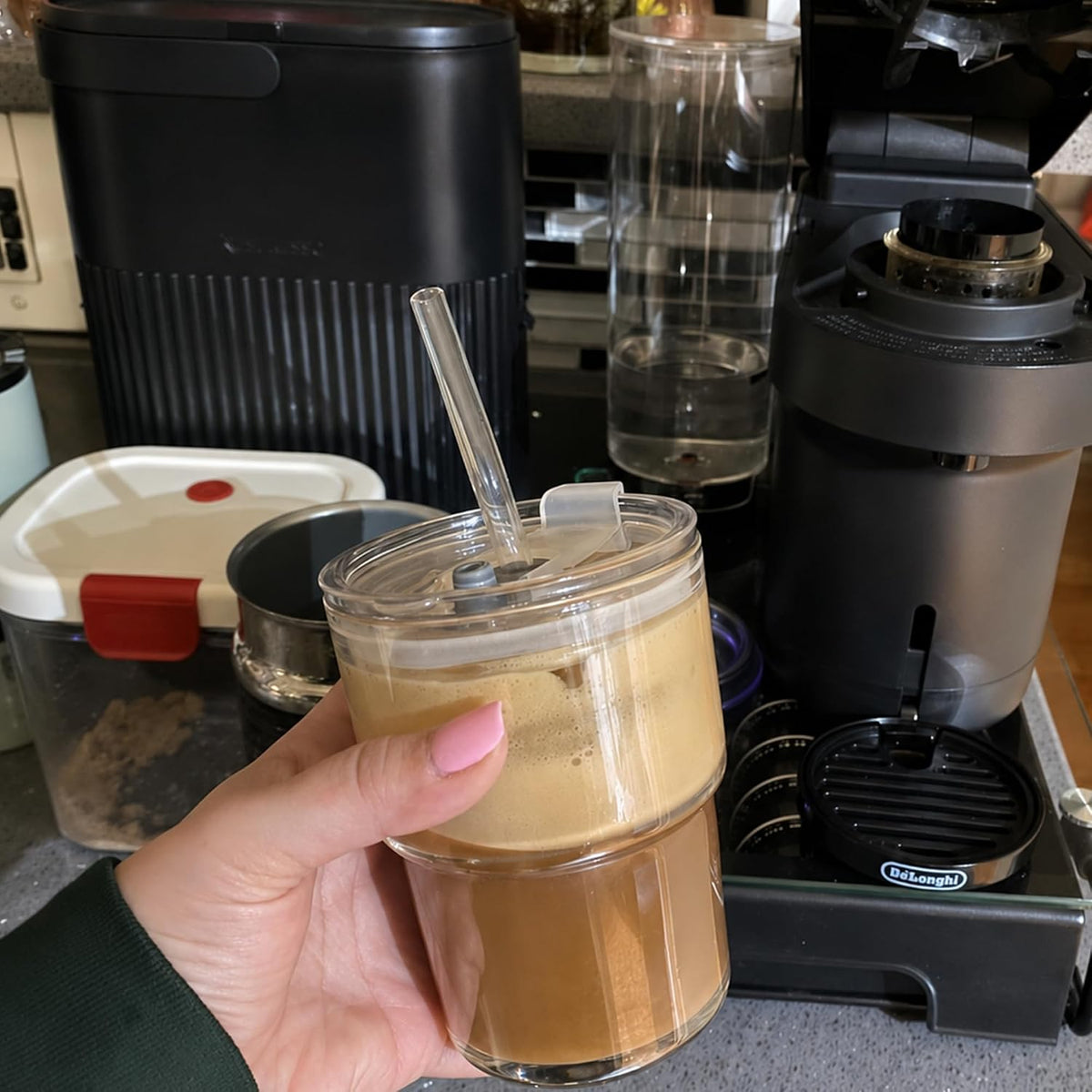 13oz Iced Coffee Cup, Glass Tumbler with Straw and Lid, Leakproof