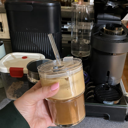 13oz Iced Coffee Cup, Glass Tumbler with Straw and Lid, Leakproof