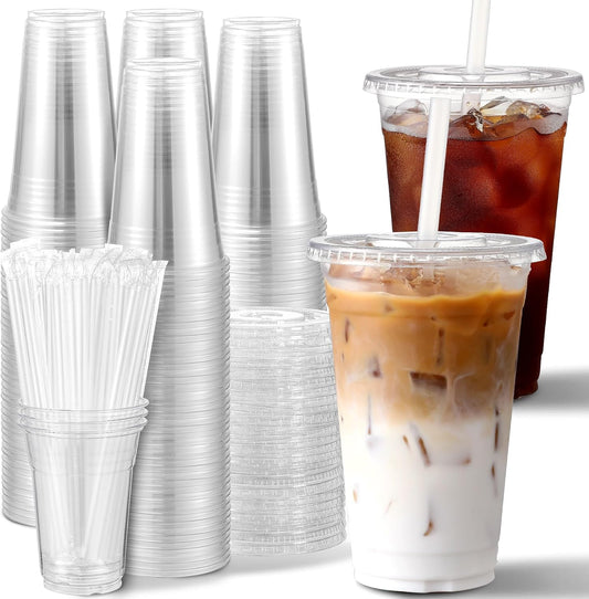 [100 Sets] 16 oz Clear Plastic Cups With Lids and Straws, Disposable Cups With Lids for Iced Coffee, Smoothie, Milkshake and Cold Drinks (New-16-100)