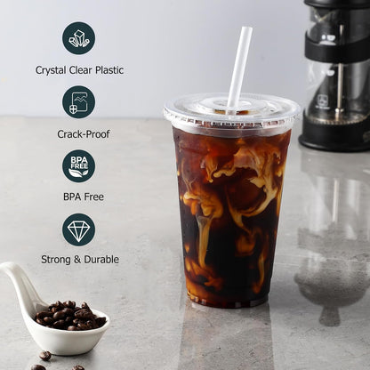 [100 Sets] 16 oz Clear Plastic Cups With Lids and Straws, Disposable Cups With Lids for Iced Coffee, Smoothie, Milkshake and Cold Drinks (New-16-100)