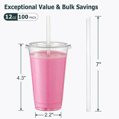 [100 Sets] 16 oz Clear Plastic Cups With Lids and Straws, Disposable Cups With Lids for Iced Coffee, Smoothie, Milkshake and Cold Drinks (New-16-100)