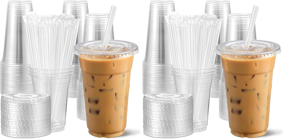 [100 Sets] 16 oz Clear Plastic Cups With Lids and Straws, Disposable Cups With Lids for Iced Coffee, Smoothie, Milkshake and Cold Drinks (New-16-100)