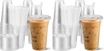 [100 Sets] 16 oz Clear Plastic Cups With Lids and Straws, Disposable Cups With Lids for Iced Coffee, Smoothie, Milkshake and Cold Drinks (New-16-100)