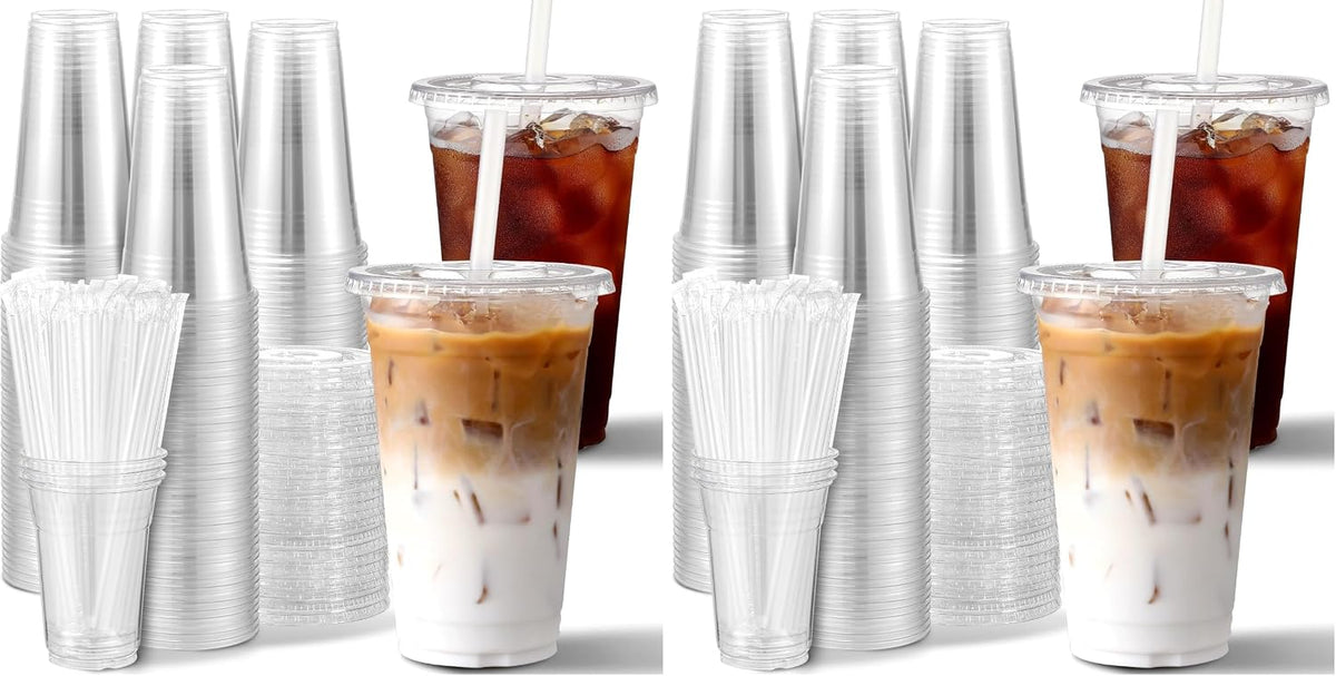 [100 Sets] 16 oz Clear Plastic Cups With Lids and Straws, Disposable Cups With Lids for Iced Coffee, Smoothie, Milkshake and Cold Drinks (New-16-100)