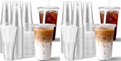 [100 Sets] 16 oz Clear Plastic Cups With Lids and Straws, Disposable Cups With Lids for Iced Coffee, Smoothie, Milkshake and Cold Drinks (New-16-100)
