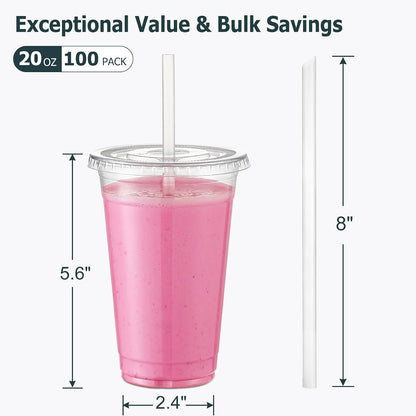 [100 Sets] 16 oz Clear Plastic Cups With Lids and Straws, Disposable Cups With Lids for Iced Coffee, Smoothie, Milkshake and Cold Drinks (New-16-100)