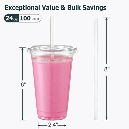 [100 Sets] 16 oz Clear Plastic Cups With Lids and Straws, Disposable Cups With Lids for Iced Coffee, Smoothie, Milkshake and Cold Drinks (New-16-100)