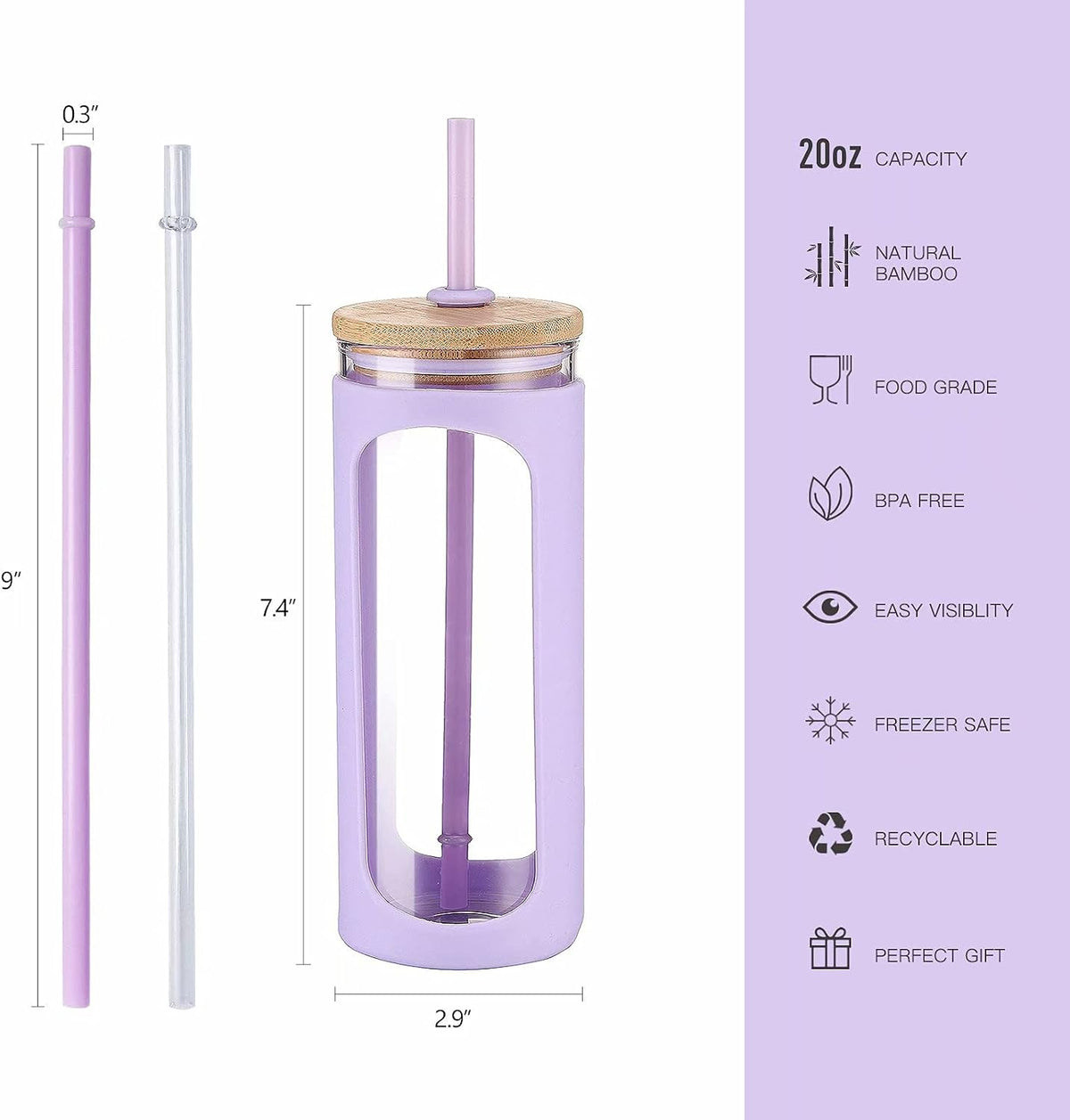 20oz Glass Tumbler with Straw and Lid, Iced Coffee Cups with Bamboo Lids, Glass Cups for Cold Drinks, Smoothie Cup with Silicone Sleeve for Travel, Work, BPA FREE-Olive - Colors A