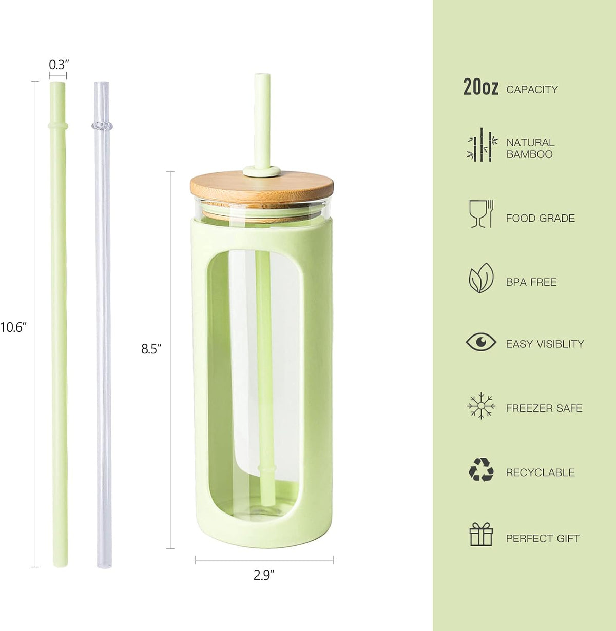 20oz Glass Tumbler with Straw and Lid, Iced Coffee Cups with Bamboo Lids, Glass Cups for Cold Drinks, Smoothie Cup with Silicone Sleeve for Travel, Work, BPA FREE-Olive - Colors A