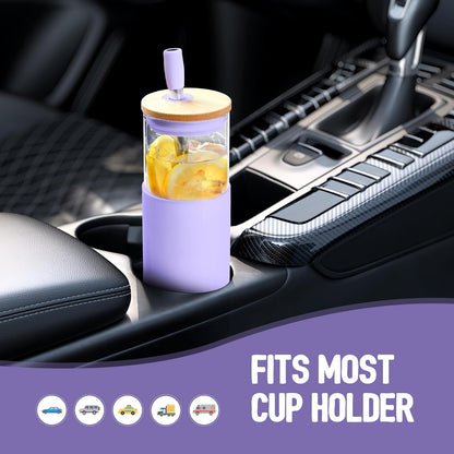 20oz Glass Tumbler with Straw and Lid, Iced Coffee Cups with Bamboo Lids, Glass Cups for Cold Drinks, Smoothie Cup with Silicone Sleeve for Travel, Work, BPA FREE-Olive - Colors A