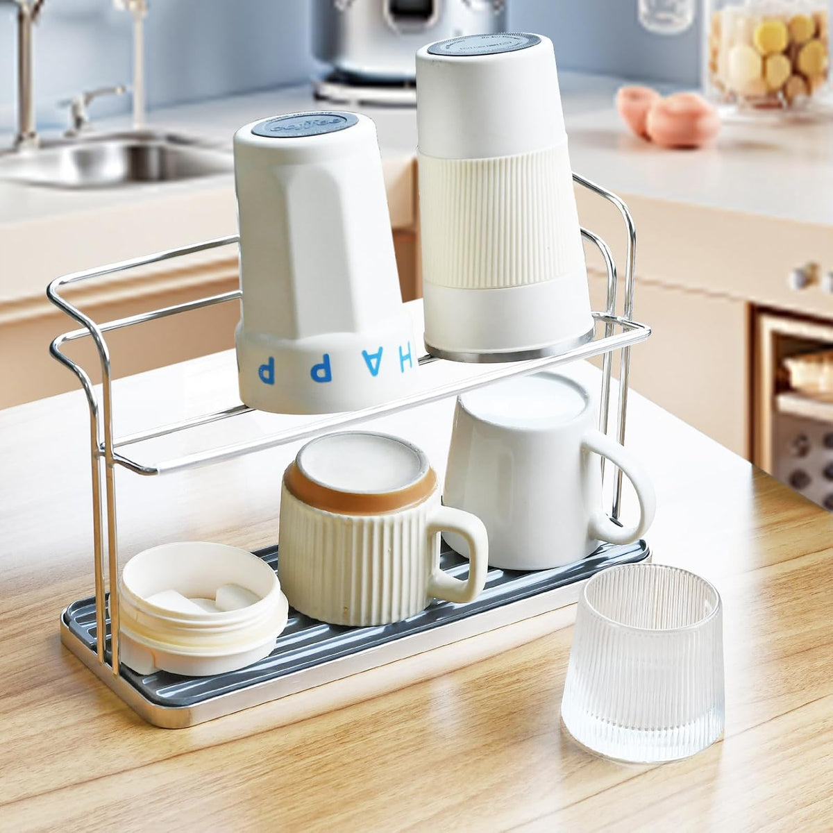 Bottle & Cup Drying Rack with Drain Tray (Stainless Steel Silver)