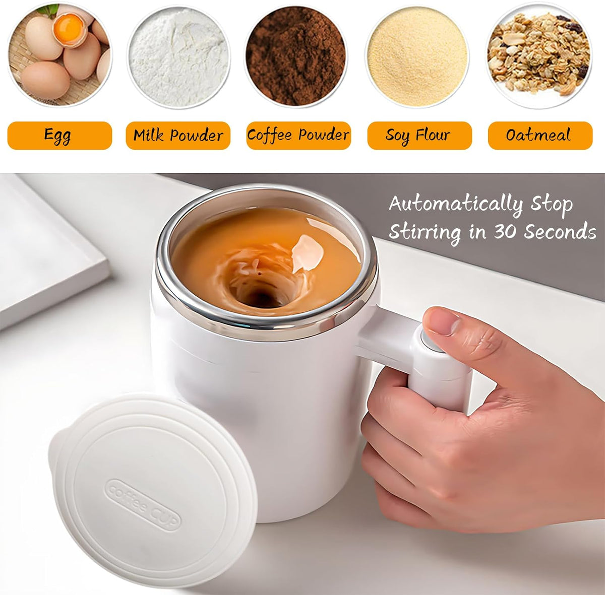 Self Stirring Mug, Rechargeable, Magnetic, Black, 380ml | Self Stirring Coffee Mug, 304 Stainless Steel, Portable for Coffee, Milk, Cocoa, Protein Powder