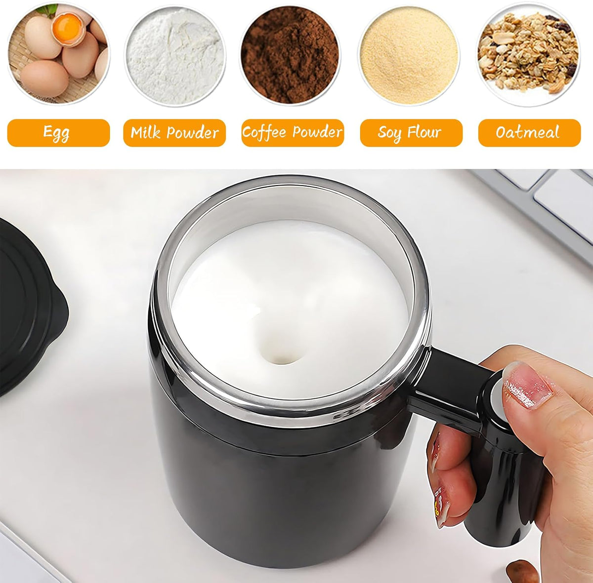 Self Stirring Mug, Rechargeable, Magnetic, Black, 380ml | Self Stirring Coffee Mug, 304 Stainless Steel, Portable for Coffee, Milk, Cocoa, Protein Powder