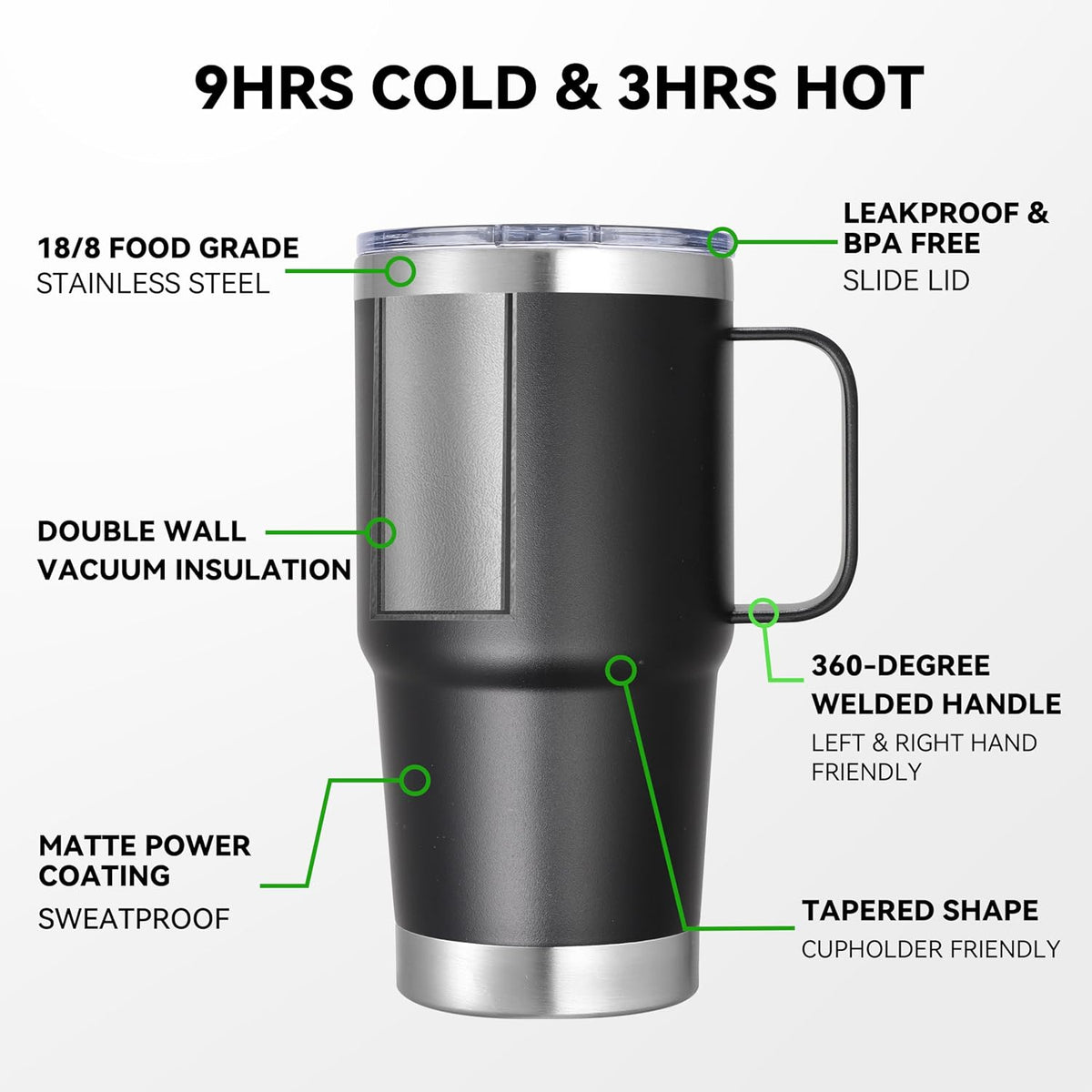 20 oz Stainless Steel Tumbler with Handle Bulk Metal Insulated Tumblers Travel Coffee Mug with Handle Double Wall Tumbler Cup with Lid and Straw, Black 12 Pack