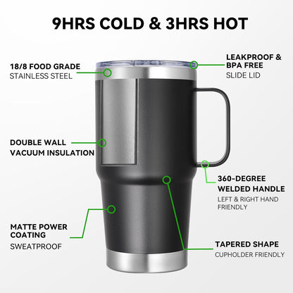 20 oz Stainless Steel Tumbler with Handle Bulk Metal Insulated Tumblers Travel Coffee Mug with Handle Double Wall Tumbler Cup with Lid and Straw, Black 12 Pack