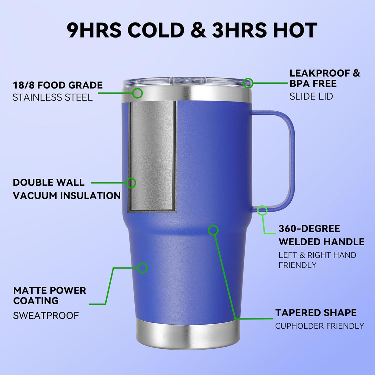 20 oz Stainless Steel Tumbler with Handle Bulk Metal Insulated Tumblers Travel Coffee Mug with Handle Double Wall Tumbler Cup with Lid and Straw, Black 12 Pack