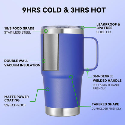 20 oz Stainless Steel Tumbler with Handle Bulk Metal Insulated Tumblers Travel Coffee Mug with Handle Double Wall Tumbler Cup with Lid and Straw, Black 12 Pack