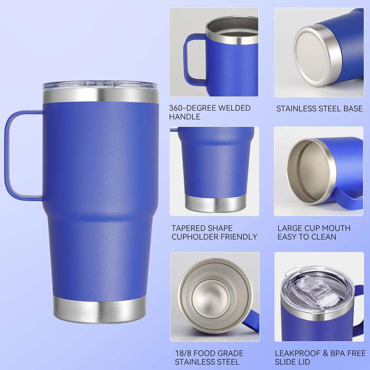 20 oz Stainless Steel Tumbler with Handle Bulk Metal Insulated Tumblers Travel Coffee Mug with Handle Double Wall Tumbler Cup with Lid and Straw, Black 12 Pack