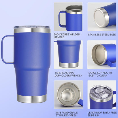 20 oz Stainless Steel Tumbler with Handle Bulk Metal Insulated Tumblers Travel Coffee Mug with Handle Double Wall Tumbler Cup with Lid and Straw, Black 12 Pack