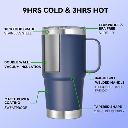 20 oz Stainless Steel Tumbler with Handle Bulk Metal Insulated Tumblers Travel Coffee Mug with Handle Double Wall Tumbler Cup with Lid and Straw, Black 12 Pack