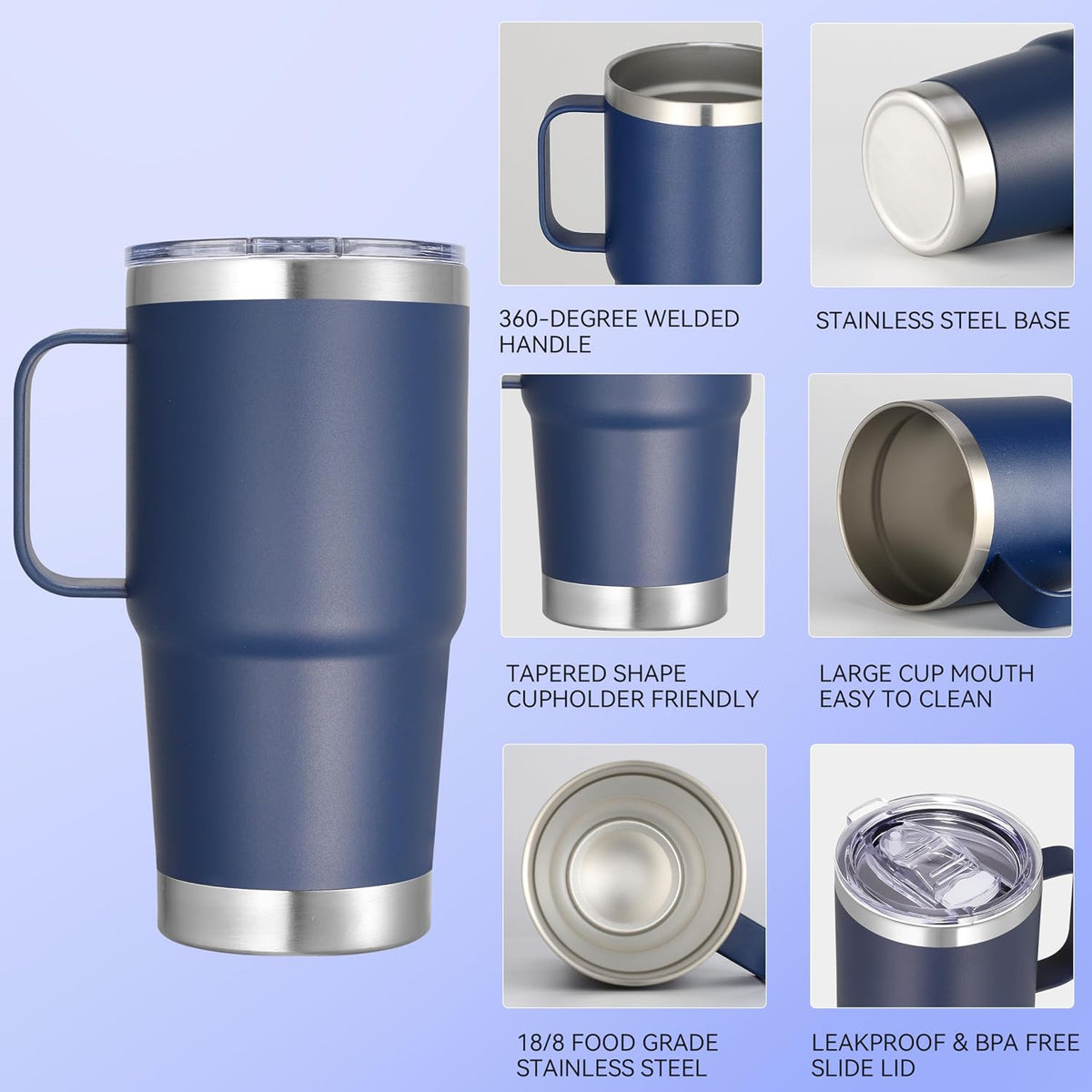 20 oz Stainless Steel Tumbler with Handle Bulk Metal Insulated Tumblers Travel Coffee Mug with Handle Double Wall Tumbler Cup with Lid and Straw, Black 12 Pack