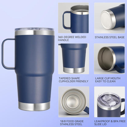20 oz Stainless Steel Tumbler with Handle Bulk Metal Insulated Tumblers Travel Coffee Mug with Handle Double Wall Tumbler Cup with Lid and Straw, Black 12 Pack