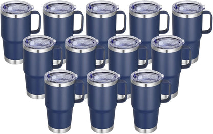 20 oz Stainless Steel Tumbler with Handle Bulk Metal Insulated Tumblers Travel Coffee Mug with Handle Double Wall Tumbler Cup with Lid and Straw, Black 12 Pack