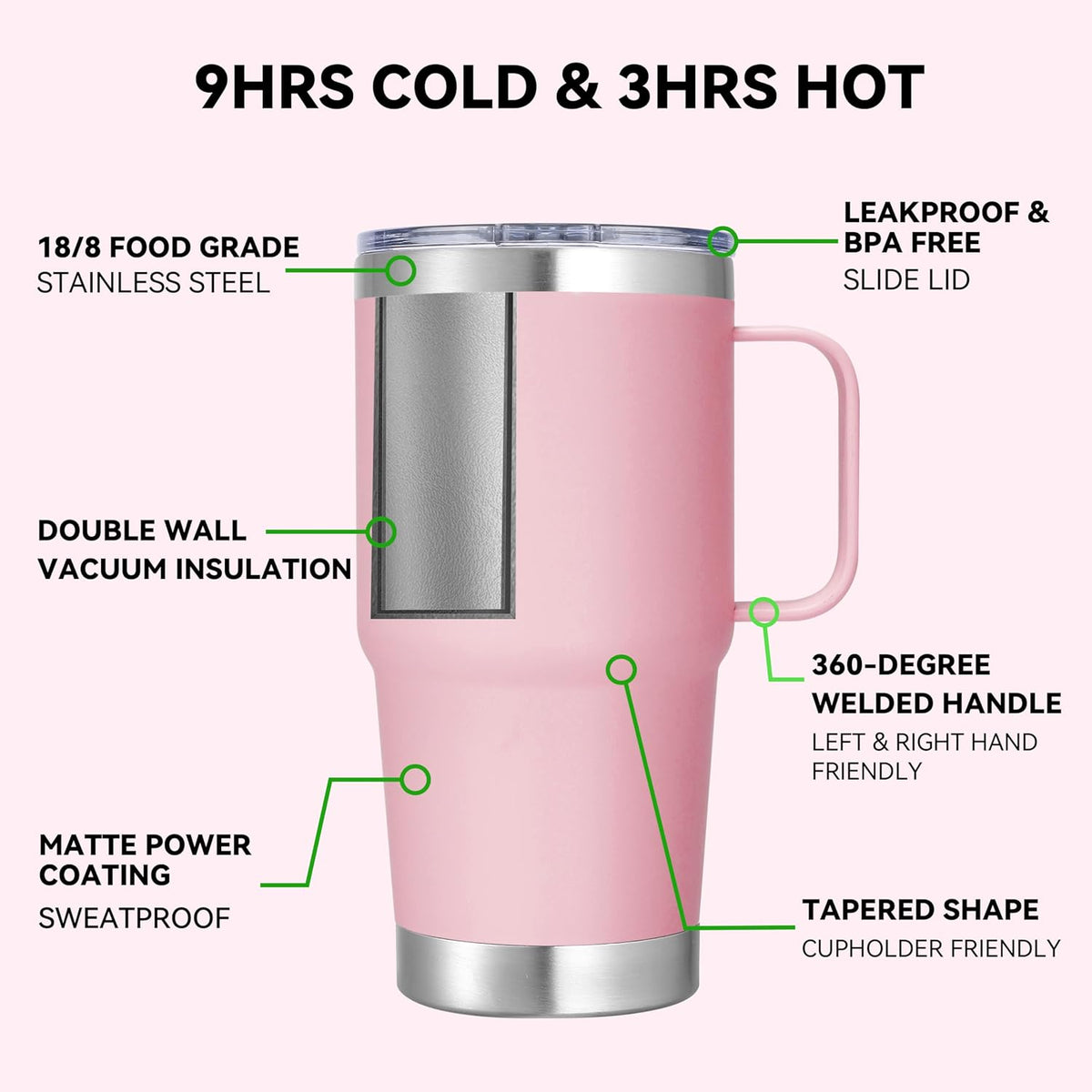 20 oz Stainless Steel Tumbler with Handle Bulk Metal Insulated Tumblers Travel Coffee Mug with Handle Double Wall Tumbler Cup with Lid and Straw, Black 12 Pack