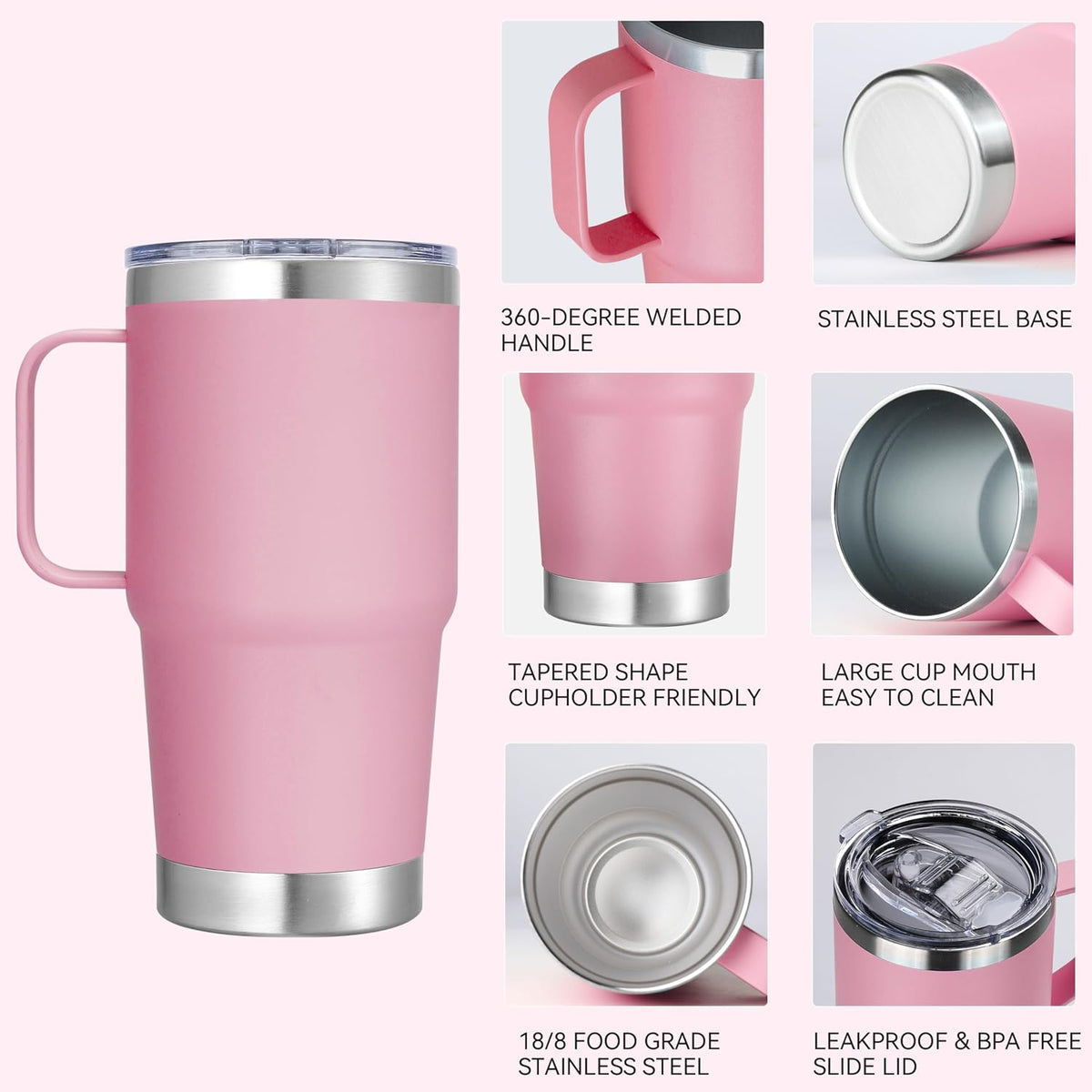 20 oz Stainless Steel Tumbler with Handle Bulk Metal Insulated Tumblers Travel Coffee Mug with Handle Double Wall Tumbler Cup with Lid and Straw, Black 12 Pack