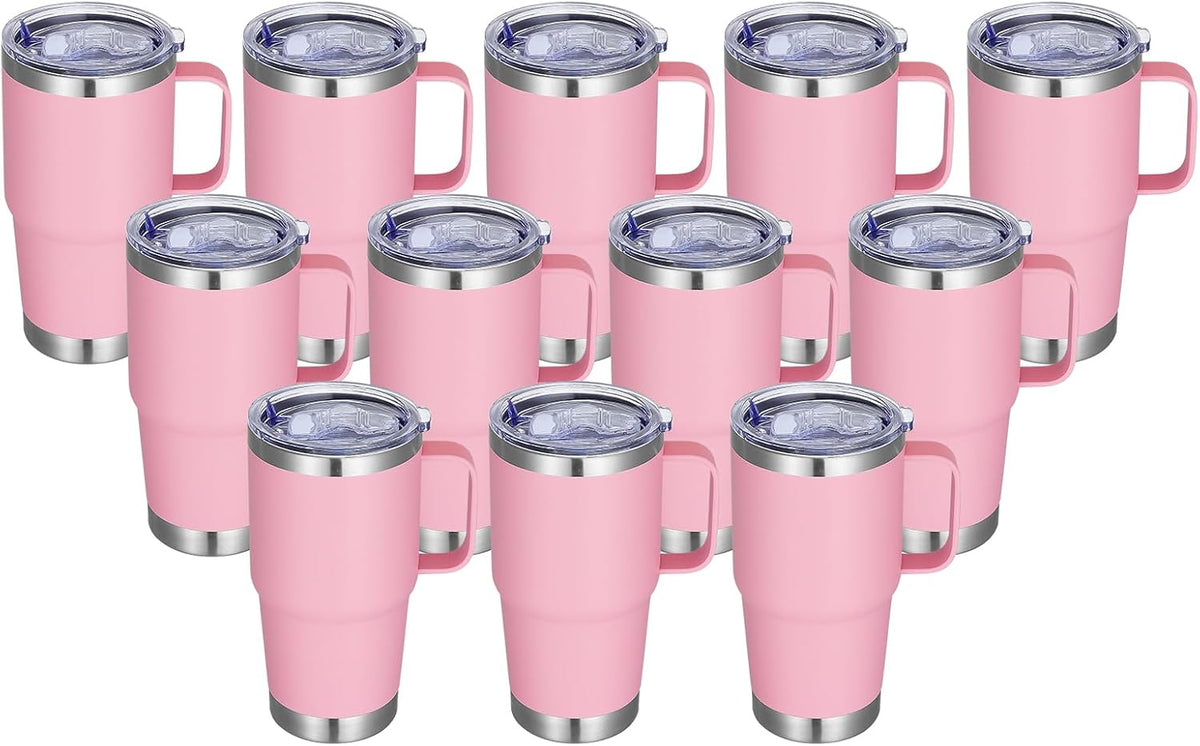 20 oz Stainless Steel Tumbler with Handle Bulk Metal Insulated Tumblers Travel Coffee Mug with Handle Double Wall Tumbler Cup with Lid and Straw, Black 12 Pack