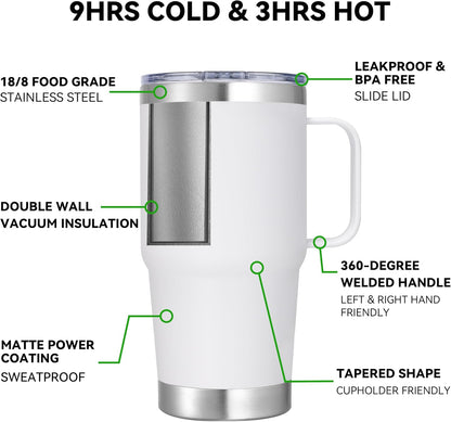 20 oz Stainless Steel Tumbler with Handle Bulk Metal Insulated Tumblers Travel Coffee Mug with Handle Double Wall Tumbler Cup with Lid and Straw, Black 12 Pack
