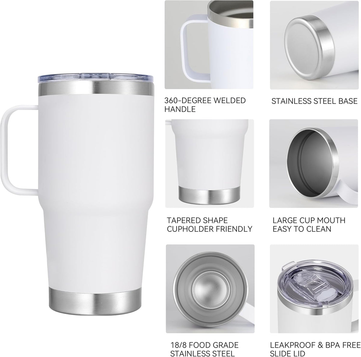 20 oz Stainless Steel Tumbler with Handle Bulk Metal Insulated Tumblers Travel Coffee Mug with Handle Double Wall Tumbler Cup with Lid and Straw, Black 12 Pack