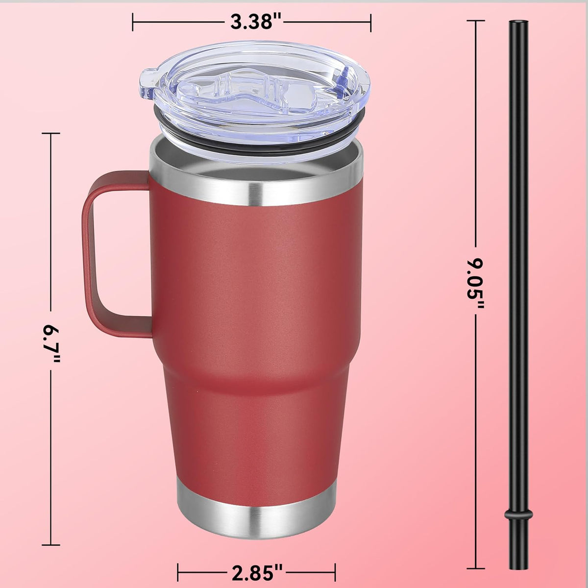 20 oz Stainless Steel Tumbler with Handle Bulk Metal Insulated Tumblers Travel Coffee Mug with Handle Double Wall Tumbler Cup with Lid and Straw, Black 12 Pack