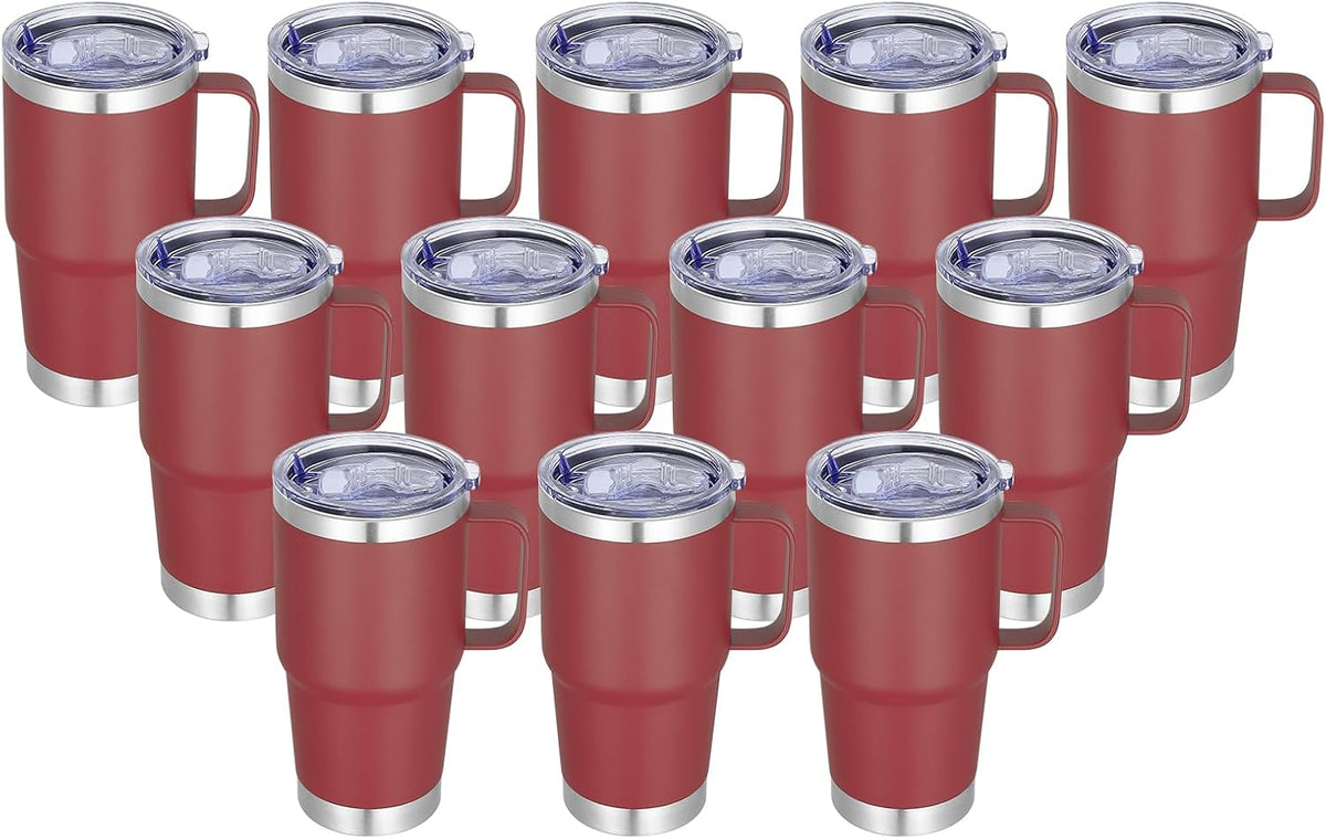 20 oz Stainless Steel Tumbler with Handle Bulk Metal Insulated Tumblers Travel Coffee Mug with Handle Double Wall Tumbler Cup with Lid and Straw, Black 12 Pack