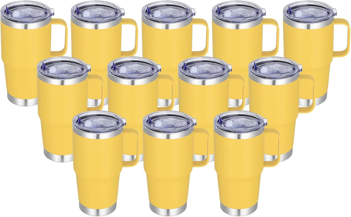 20 oz Stainless Steel Tumbler with Handle Bulk Metal Insulated Tumblers Travel Coffee Mug with Handle Double Wall Tumbler Cup with Lid and Straw, Black 12 Pack