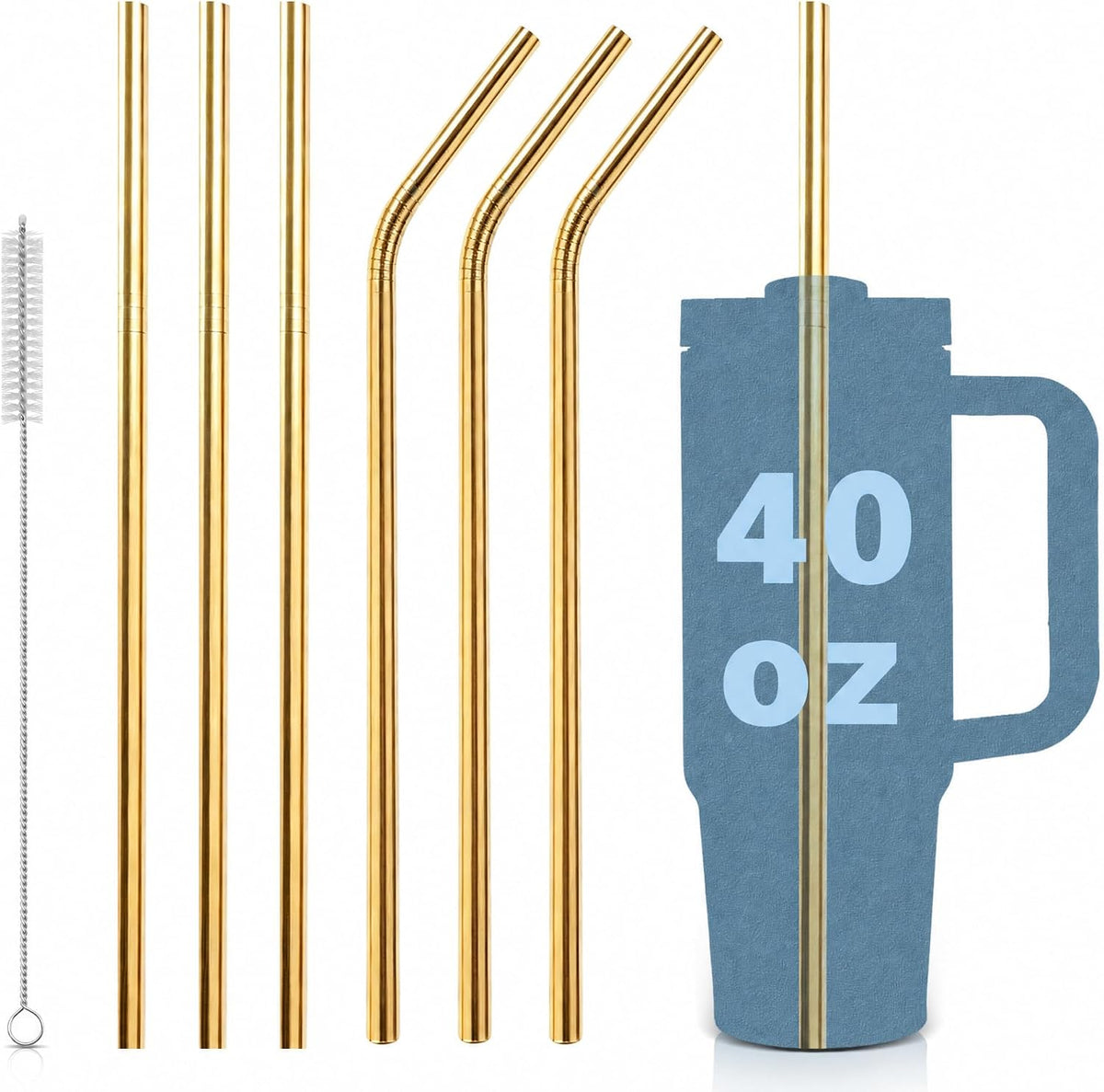 for Stanley Quencher 40oz Tumbler 6x Metal Stainless Steel Straws, 12inch Replacement Extra Long/Tall Straws for Stanley Cup 40oz Drinking Reusable Accessories (3x Straight & 3x Bent)