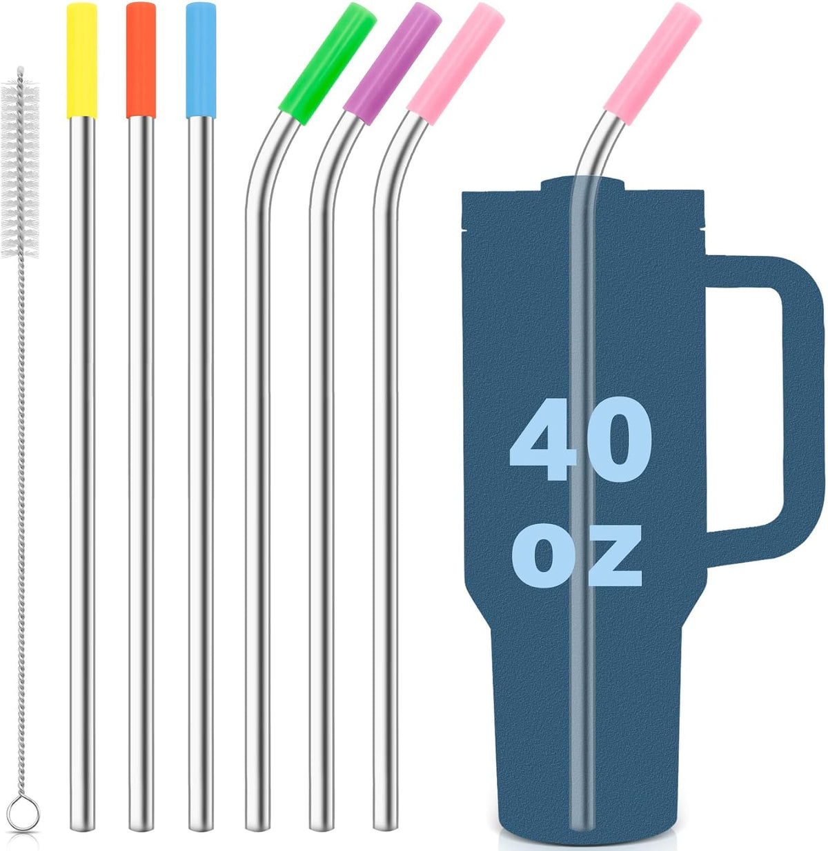 for Stanley Quencher 40oz Tumbler 6x Metal Stainless Steel Straws, 12inch Replacement Extra Long/Tall Straws for Stanley Cup 40oz Drinking Reusable Accessories (3x Straight & 3x Bent)