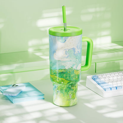 30 oz Tumbler with Handle, Tumbler with Lid and Straw, Insulated Stainless Steel Travel Mug, 100% Leak-proof, Cupholder Friendly, Keeps Cold for 24 Hours or Hot for 8 Hours (Azure) - Colors A