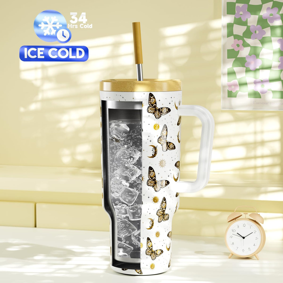 30 oz Tumbler with Handle, Tumbler with Lid and Straw, Insulated Stainless Steel Travel Mug, 100% Leak-proof, Cupholder Friendly, Keeps Cold for 24 Hours or Hot for 8 Hours (Azure) - Colors A