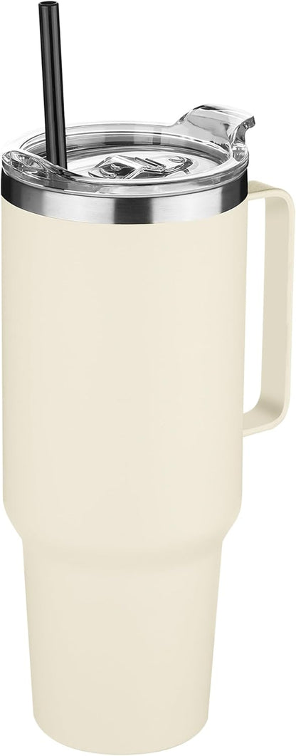 40 oz Stainless Steel Tumbler with Handle, Vacuum Insulated Tumblers Bulk, Reusable Double Wall Travel Coffee Mug, Durable Powder Coated Water Bottle(White, 1)
