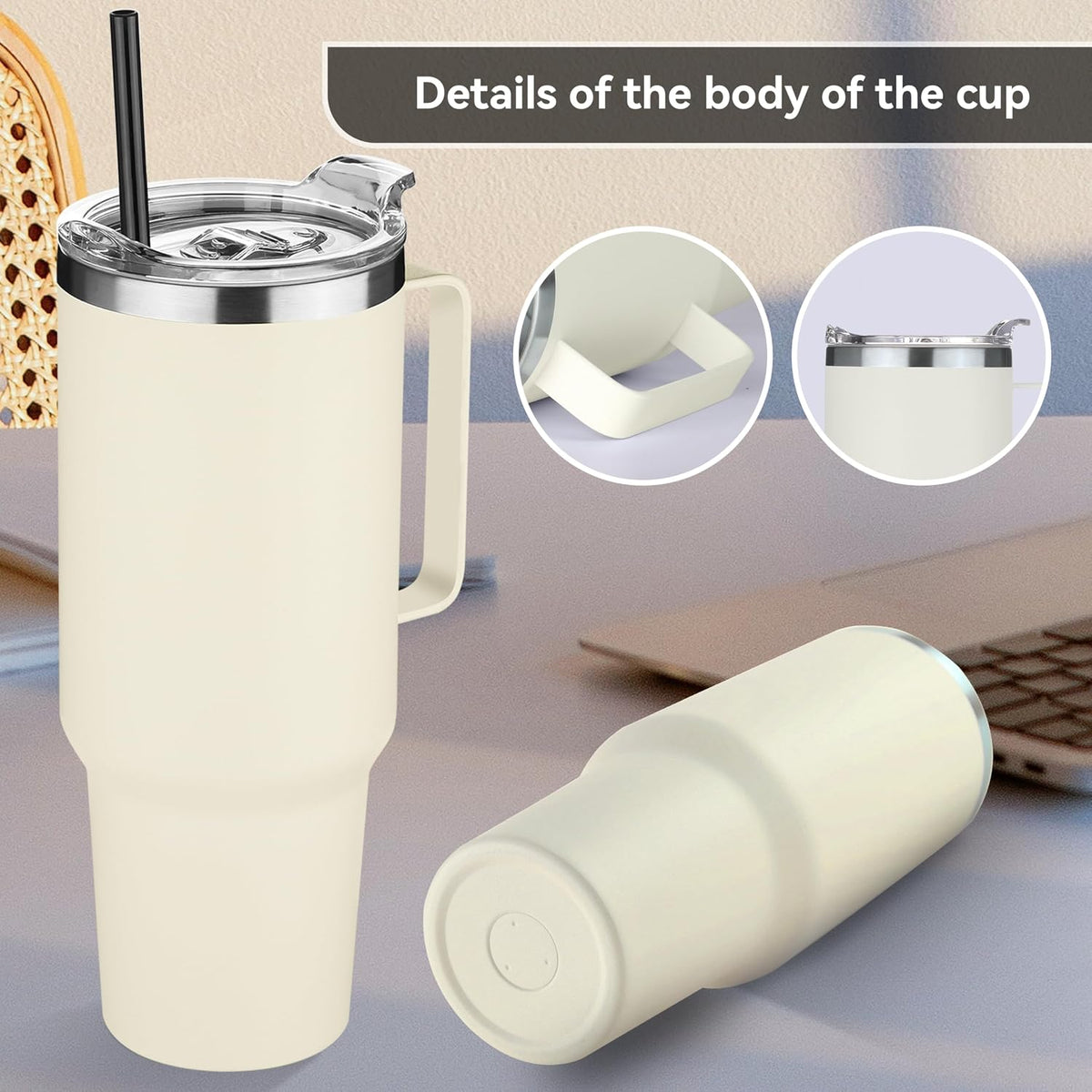 40 oz Stainless Steel Tumbler with Handle, Vacuum Insulated Tumblers Bulk, Reusable Double Wall Travel Coffee Mug, Durable Powder Coated Water Bottle(White, 1)