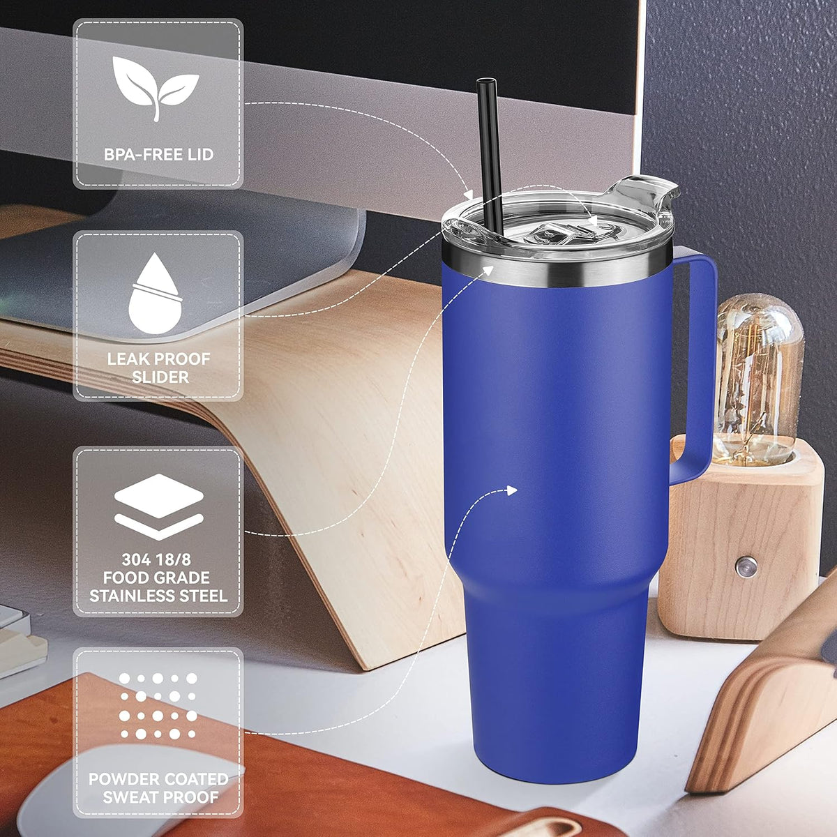 40 oz Stainless Steel Tumbler with Handle, Vacuum Insulated Tumblers Bulk, Reusable Double Wall Travel Coffee Mug, Durable Powder Coated Water Bottle(White, 1)