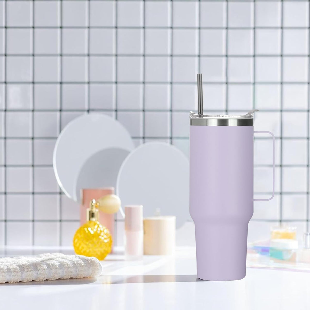40 oz Stainless Steel Tumbler with Handle, Vacuum Insulated Tumblers Bulk, Reusable Double Wall Travel Coffee Mug, Durable Powder Coated Water Bottle(White, 1)