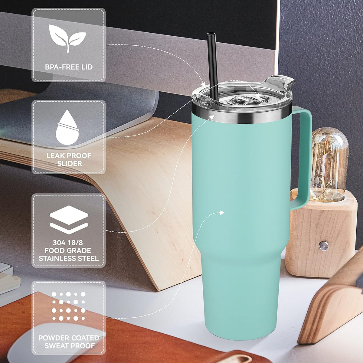 40 oz Stainless Steel Tumbler with Handle, Vacuum Insulated Tumblers Bulk, Reusable Double Wall Travel Coffee Mug, Durable Powder Coated Water Bottle(White, 1)