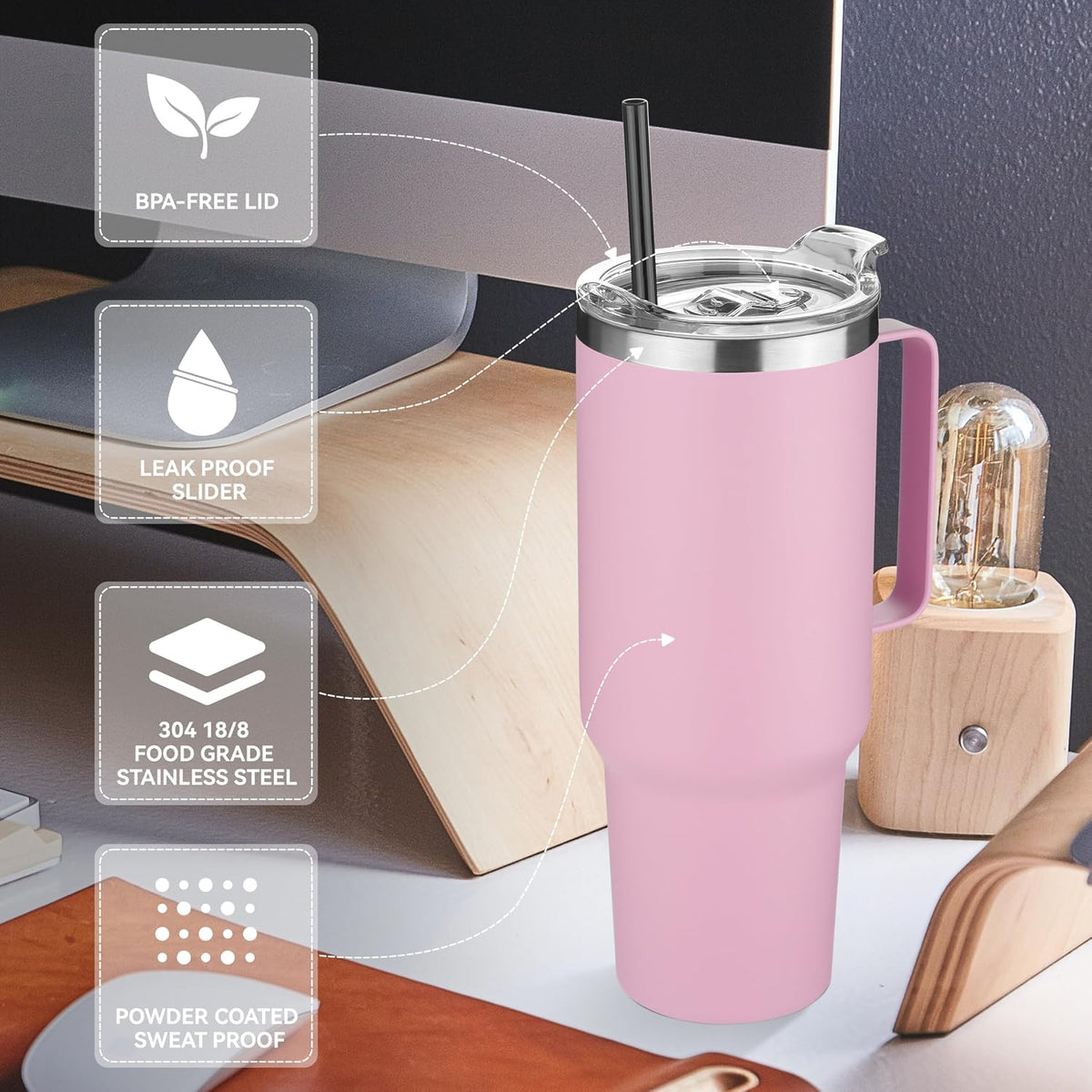 40 oz Stainless Steel Tumbler with Handle, Vacuum Insulated Tumblers Bulk, Reusable Double Wall Travel Coffee Mug, Durable Powder Coated Water Bottle(White, 1)