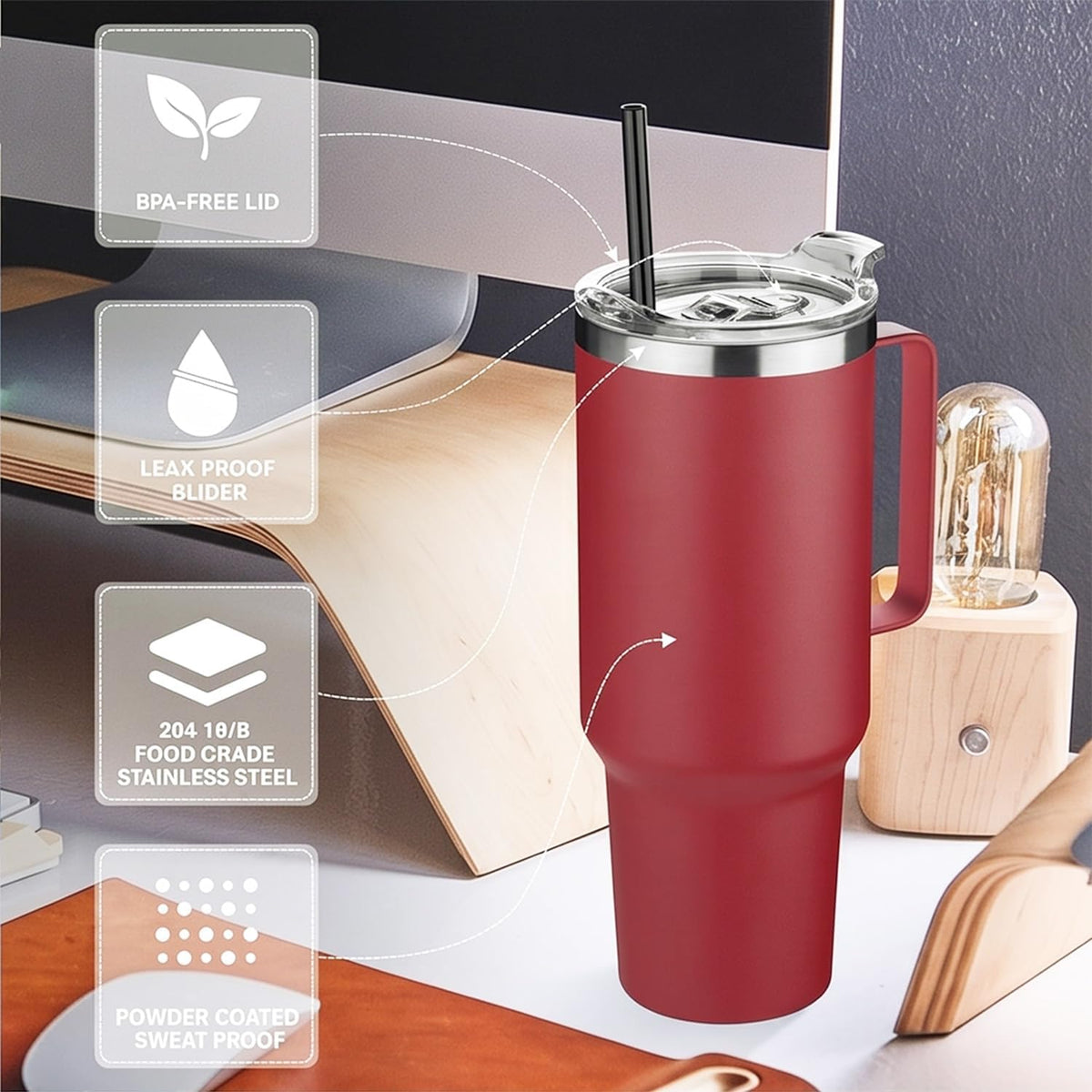 40 oz Stainless Steel Tumbler with Handle, Vacuum Insulated Tumblers Bulk, Reusable Double Wall Travel Coffee Mug, Durable Powder Coated Water Bottle(White, 1)